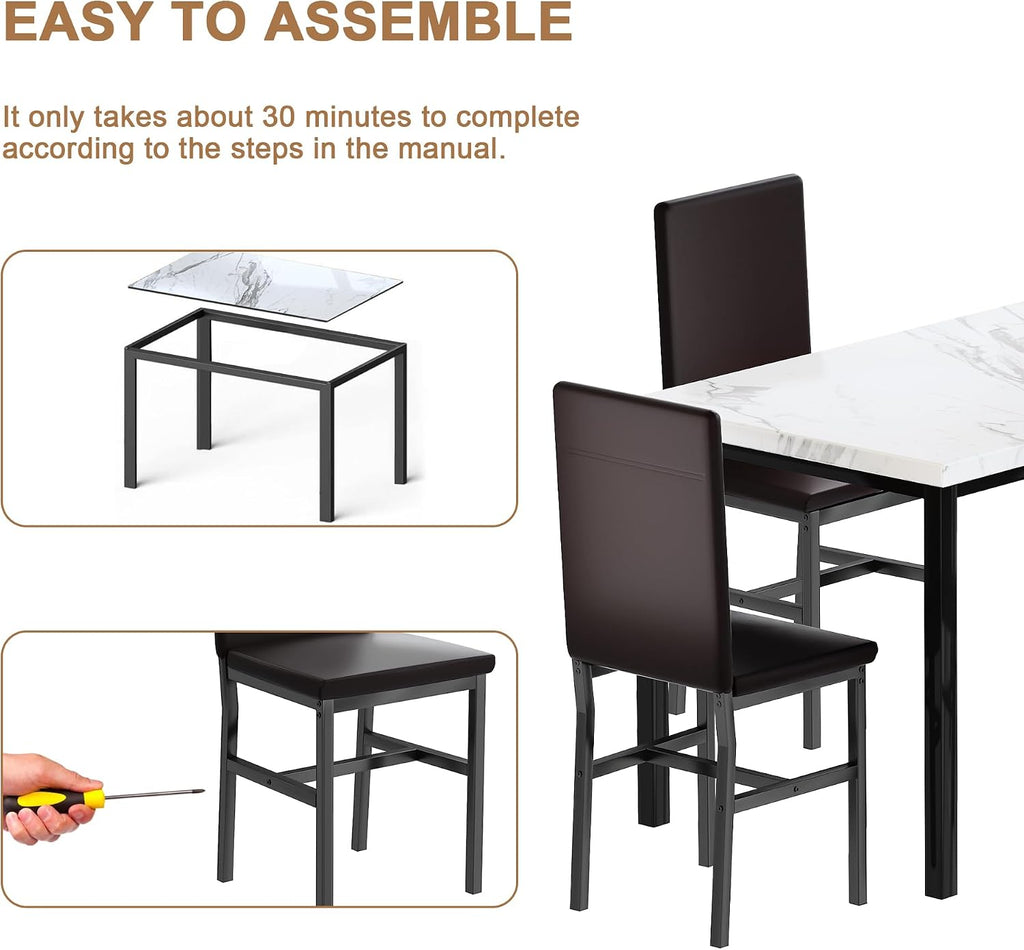 DKLGG Dining Table Set for 4, Modern Kitchen & Dining Room Sets Faux Marble Table with 4 Leather Chairs for Small Space, Home Kitchen, Apartment, White