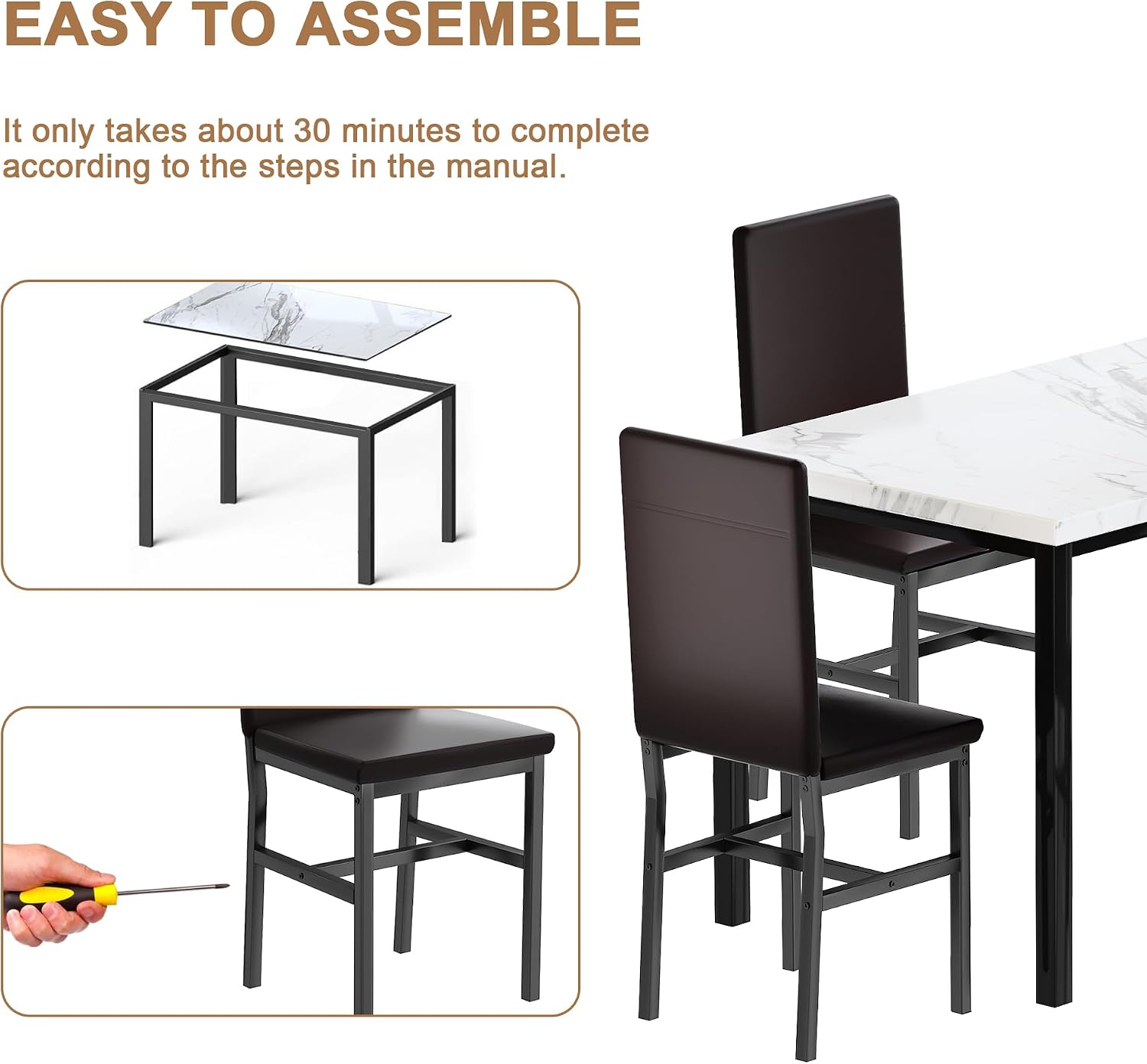 DKLGG Dining Table Set for 4, Modern Kitchen & Dining Room Sets Faux Marble Table with 4 Leather Chairs for Small Space, Home Kitchen, Apartment, White