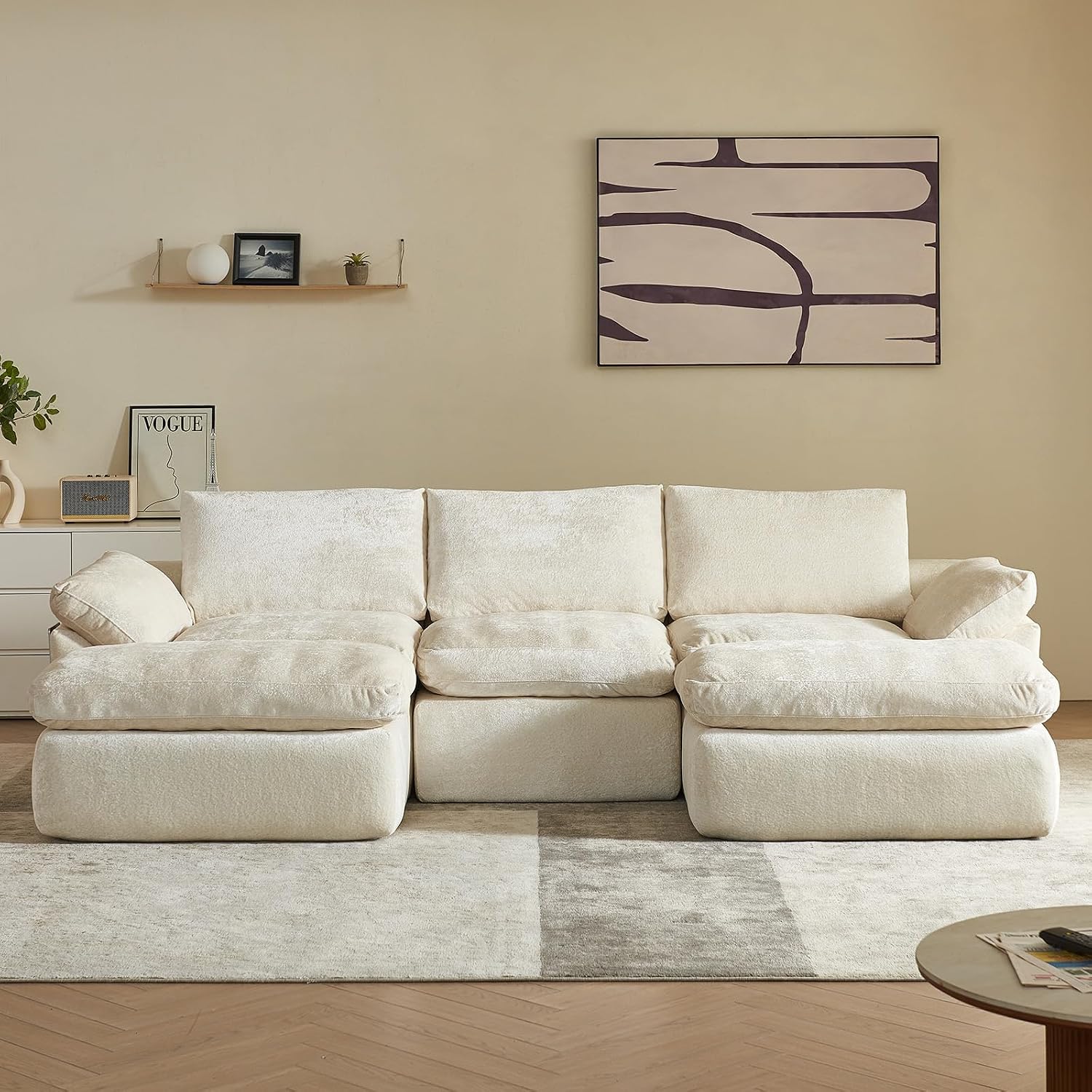 Vamcheer U Shaped Cloud Couch - Utra Soft Modular Sectional Sofa with 2 Movable Ottoman, Deep Seat Boneless Couches for Living Room, Bedroom, Office, No Assembly Required, Beige
