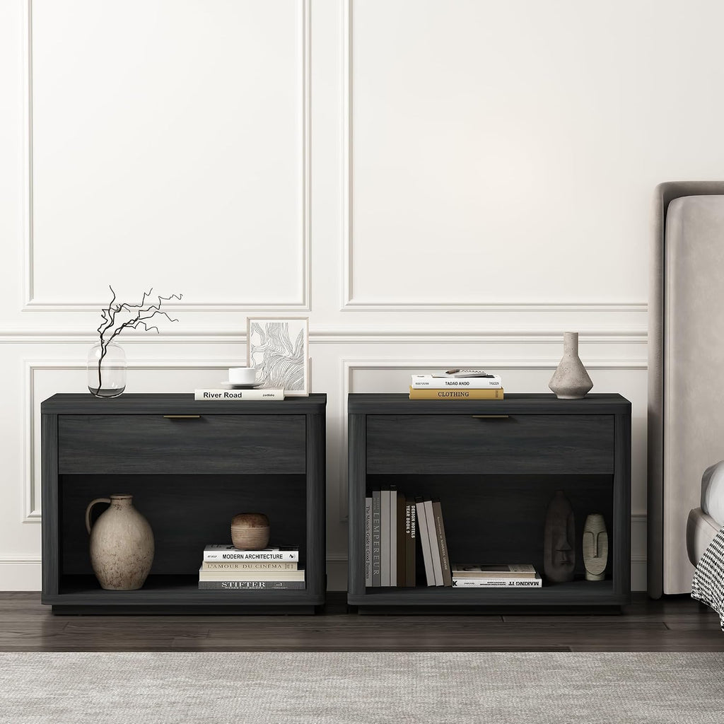 Manhattan Comfort Evelyn Set of 2 Nightstands with Drawer and Open Shelf, Minimalist Bedside Table with Rounded Corners & Raised Base, Modern Night Stand for Bedroom, or Living Room in Charcoal Grey