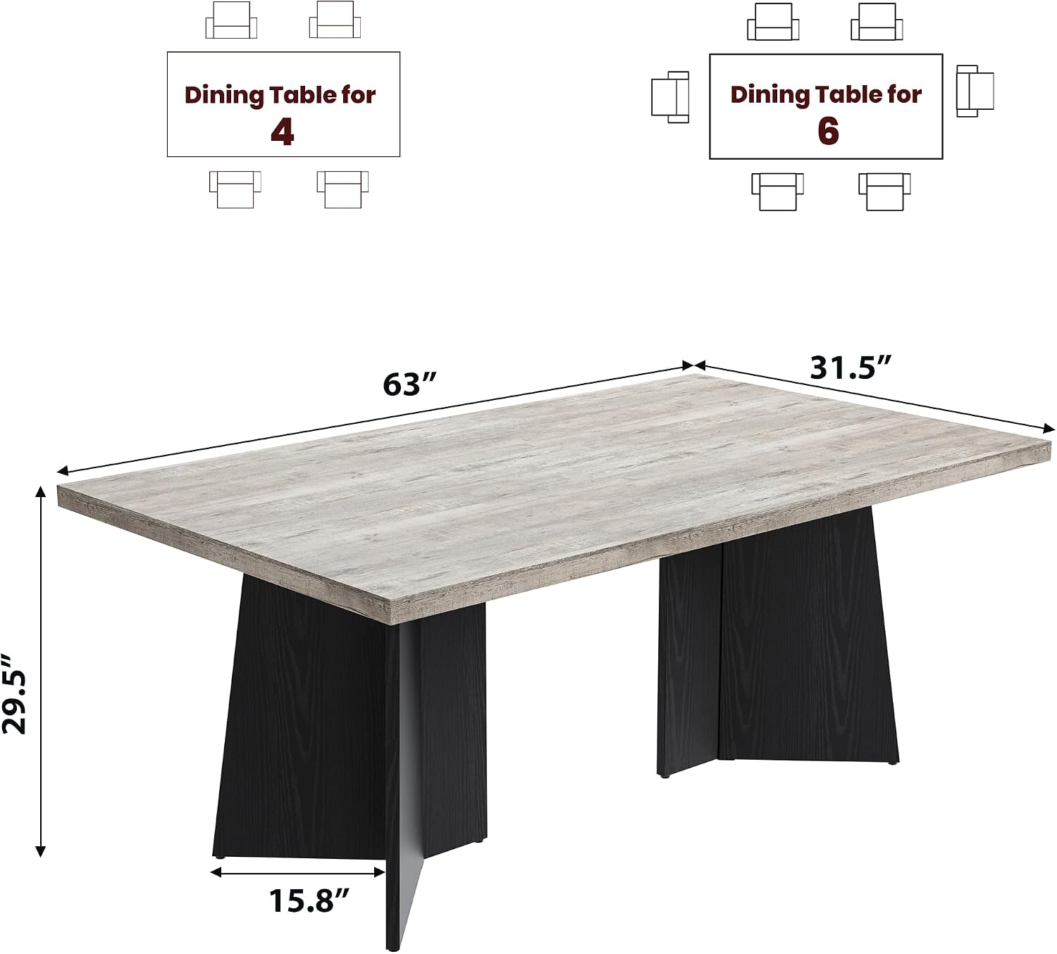 GarveeHome Dining Table for 6-8 People - 63' Modern Long Kitchen Table with Large Tabletop & Pedestal Legs, Dinner Table for Kitchen, Conference Room, Home, Grey & Black