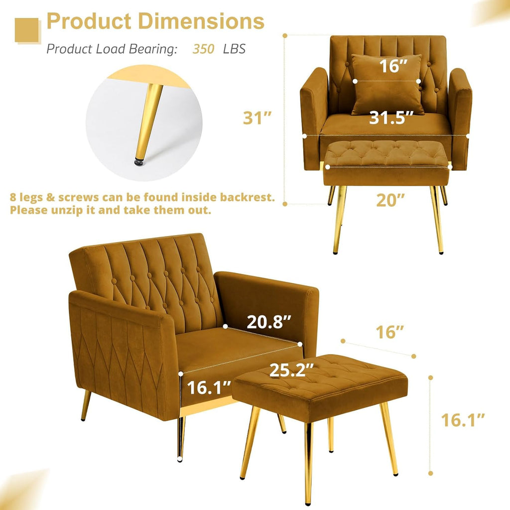 Velvet Accent Chair with Adjustable Armrests and Backrest, Button Tufted Lounge Chair, Single Recliner Armchair with Ottoman and Pillow for Living Room, Bedroom, Ginger