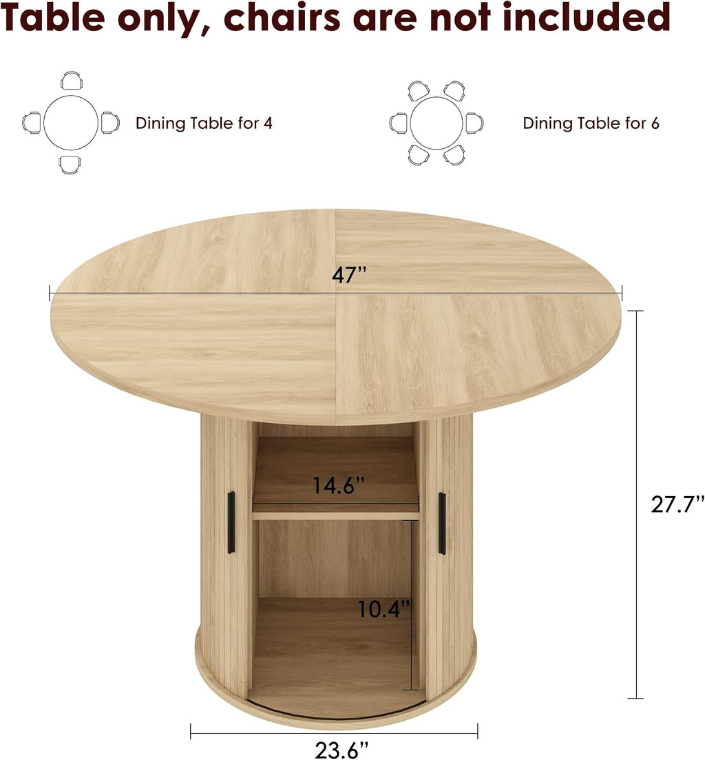Garvee 47 Inch Round Dining Table for 4, Kitchen Table Dinner Table with 2-Layer Storage Shelf and Wood Slide Door for Home Dining Room Living Room