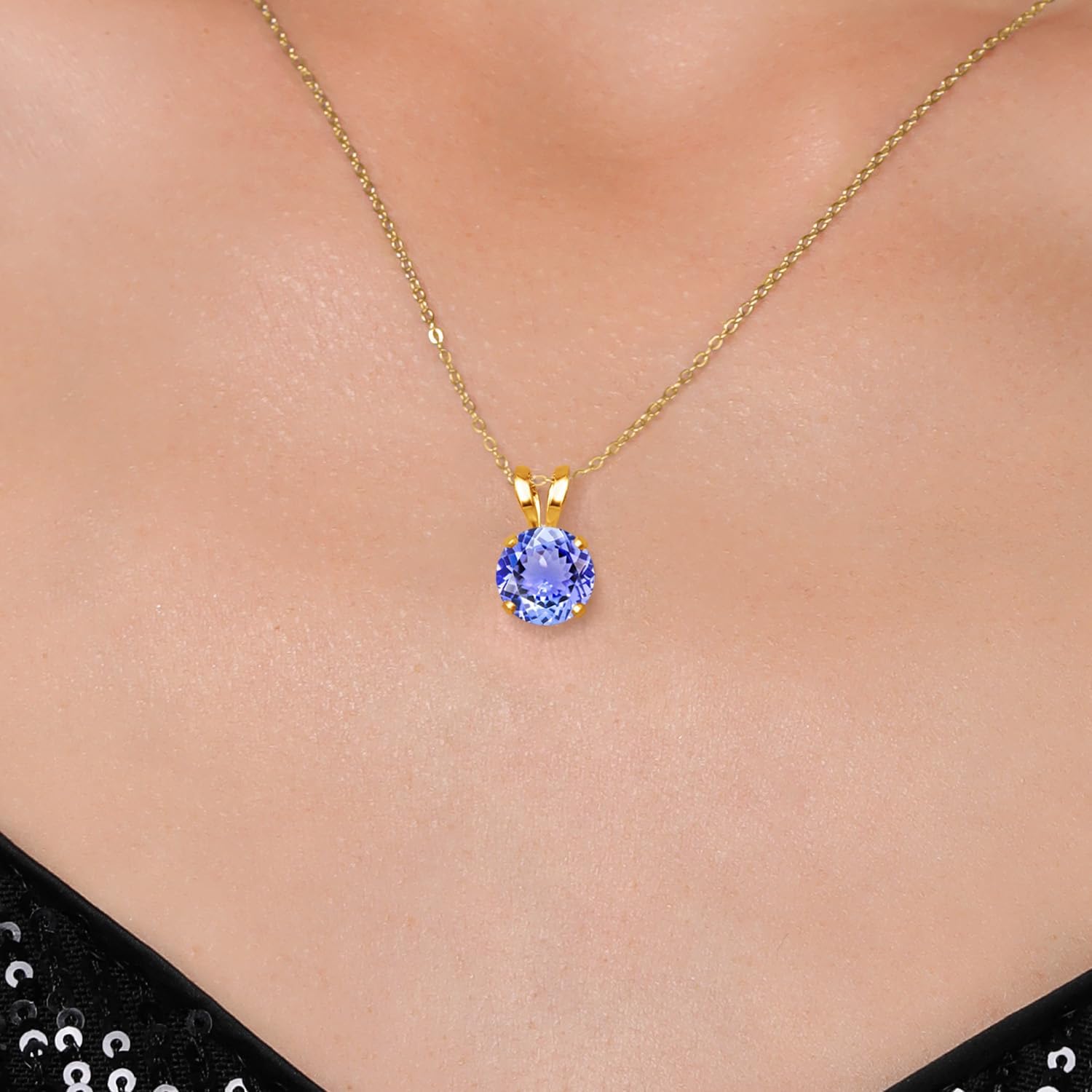 Gem Stone King 14K Yellow Gold Blue Tanzanite Pendant Necklace for Women | 0.90 Cttw | Gemstone December Birthstone | Round 6MM | With 18 Inch Silver Chain