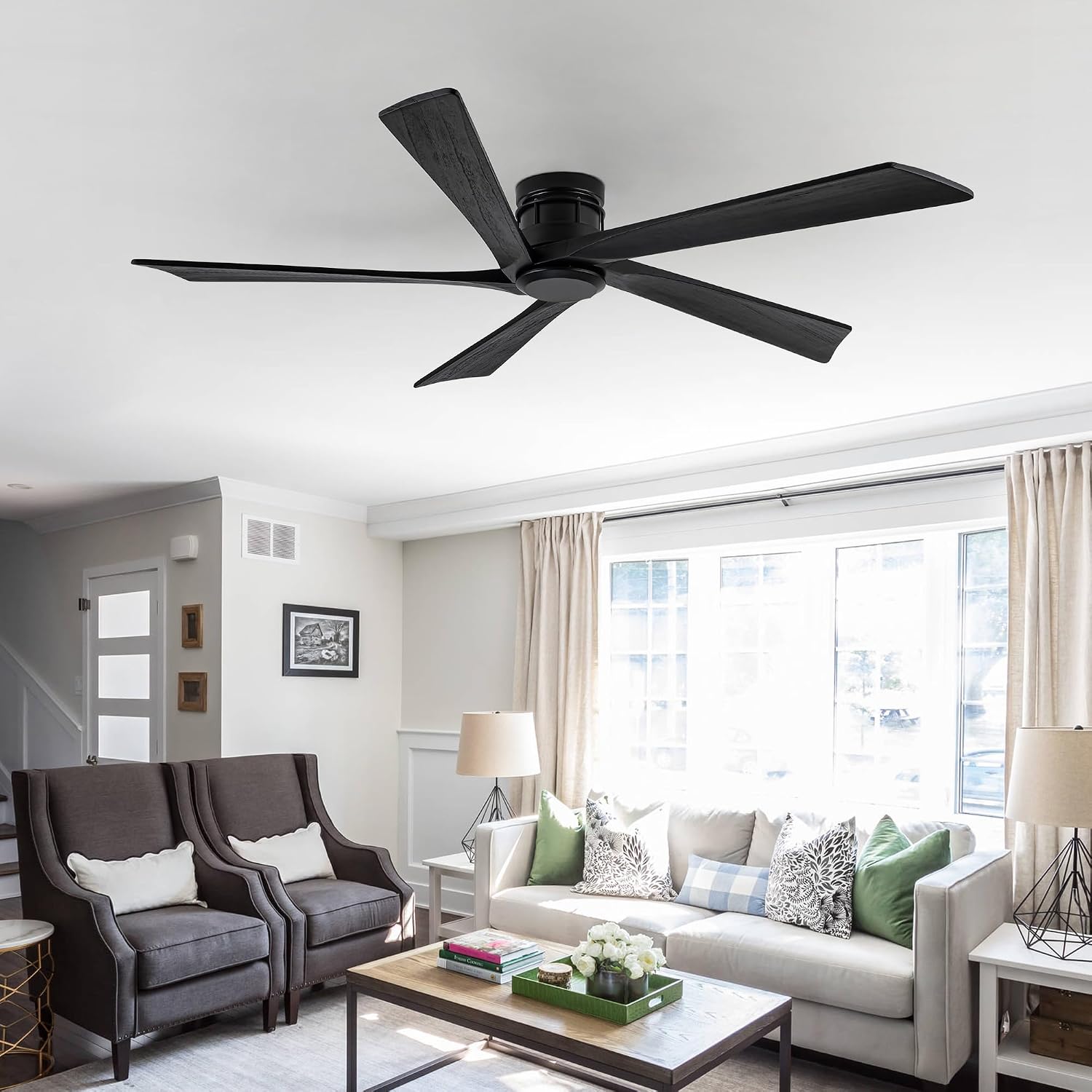 EKIZNSN 64 Inch Outdoor Low Profile Flush Mount Ceiling Fans without Lights for Patios, 110V Noiseless Reversible DC Motor, 6-Gear Speed (Black Finish with Black Blades)