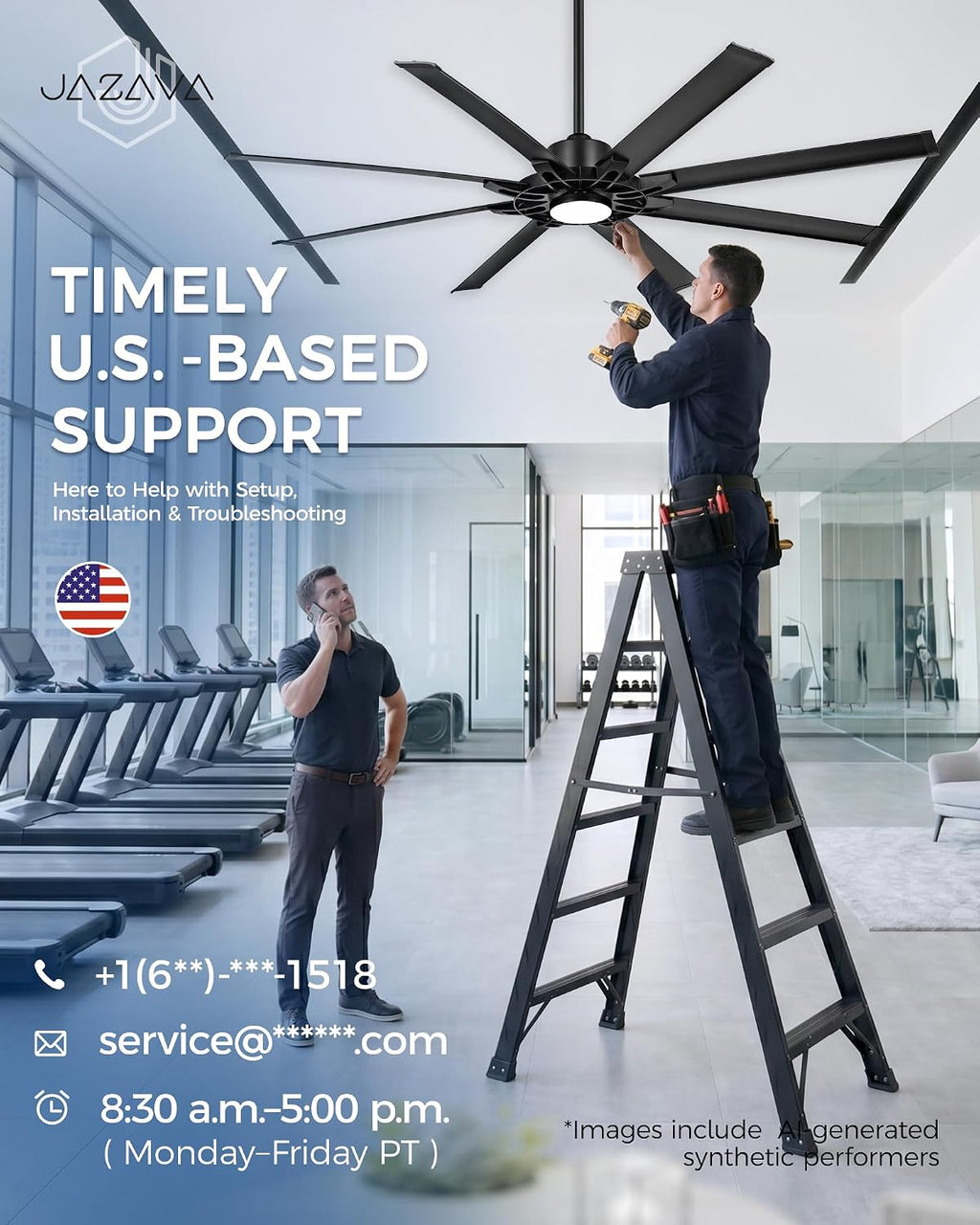 72 Inch Ceiling Fan With Light, Industrial Ceiling Fan With 8 Aluminium Metal Blades, Smart Fan Compatible with Alexa, Garage Indoor Fan For Living Room and Patio, ZCCF05ABK-72