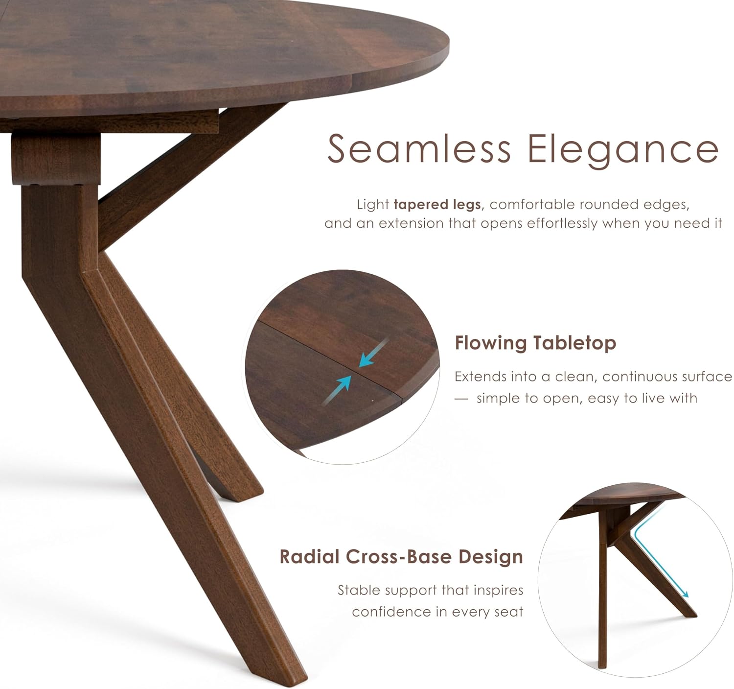Furniture of America Nazaen V 78.5' Mid-Century Modern Solid Wood Live Edge Extendable Dining Table with Steel Support, Walnut Finish, Seats 6–8