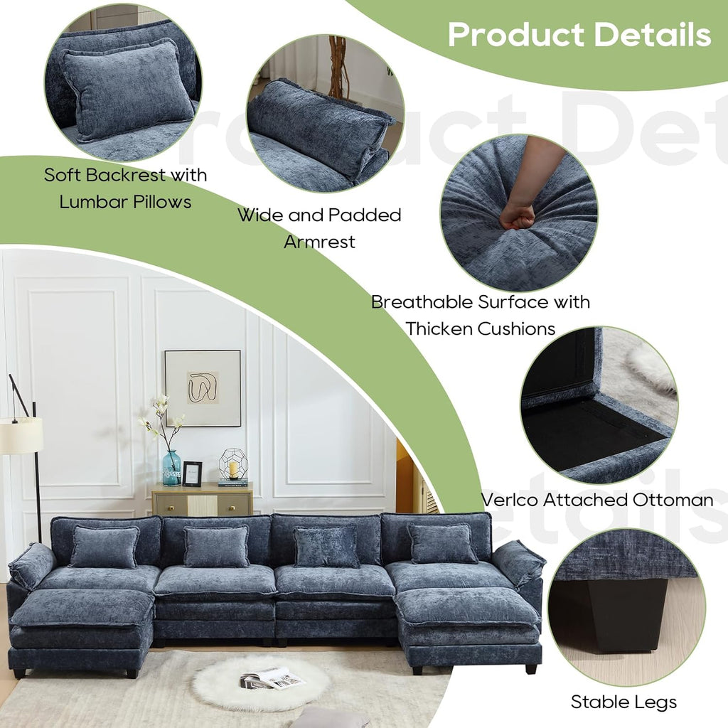 Oprisen 154' Modular Sectional Sofa, Comfy Cloud Couch Sectional Sofa with Ottoman, Chenille Sofa Sleeper Deep Seat Sofa with Throw Pillows for Living Room (Blue, 154'- U Shape)