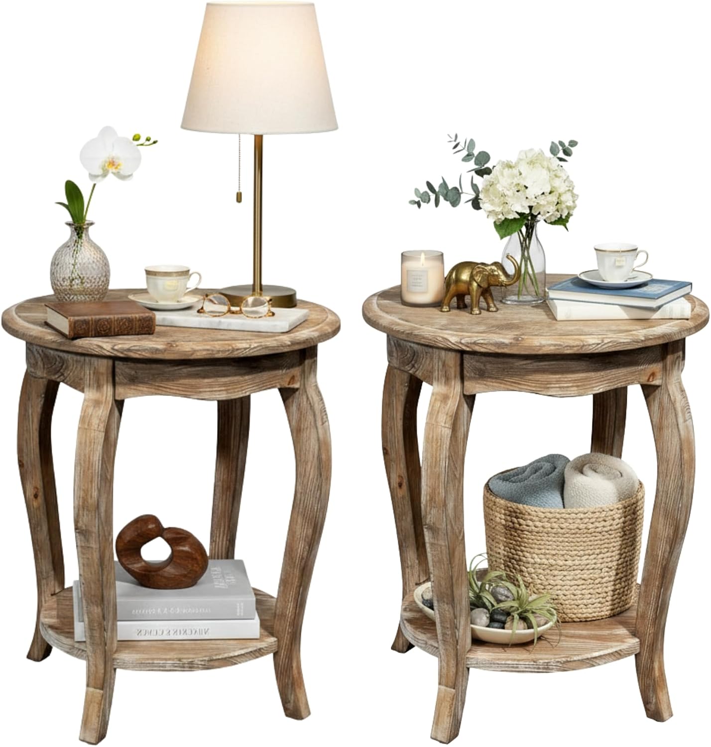 Alaterre Furniture Austerity Living Room Tables – 20-Inch Round Cedar Wood End Table with Curved Legs, Scalloped Edges and Lower Shelf – Rustic Antique Style Accent Table (Driftwood Finish, Set of 2)