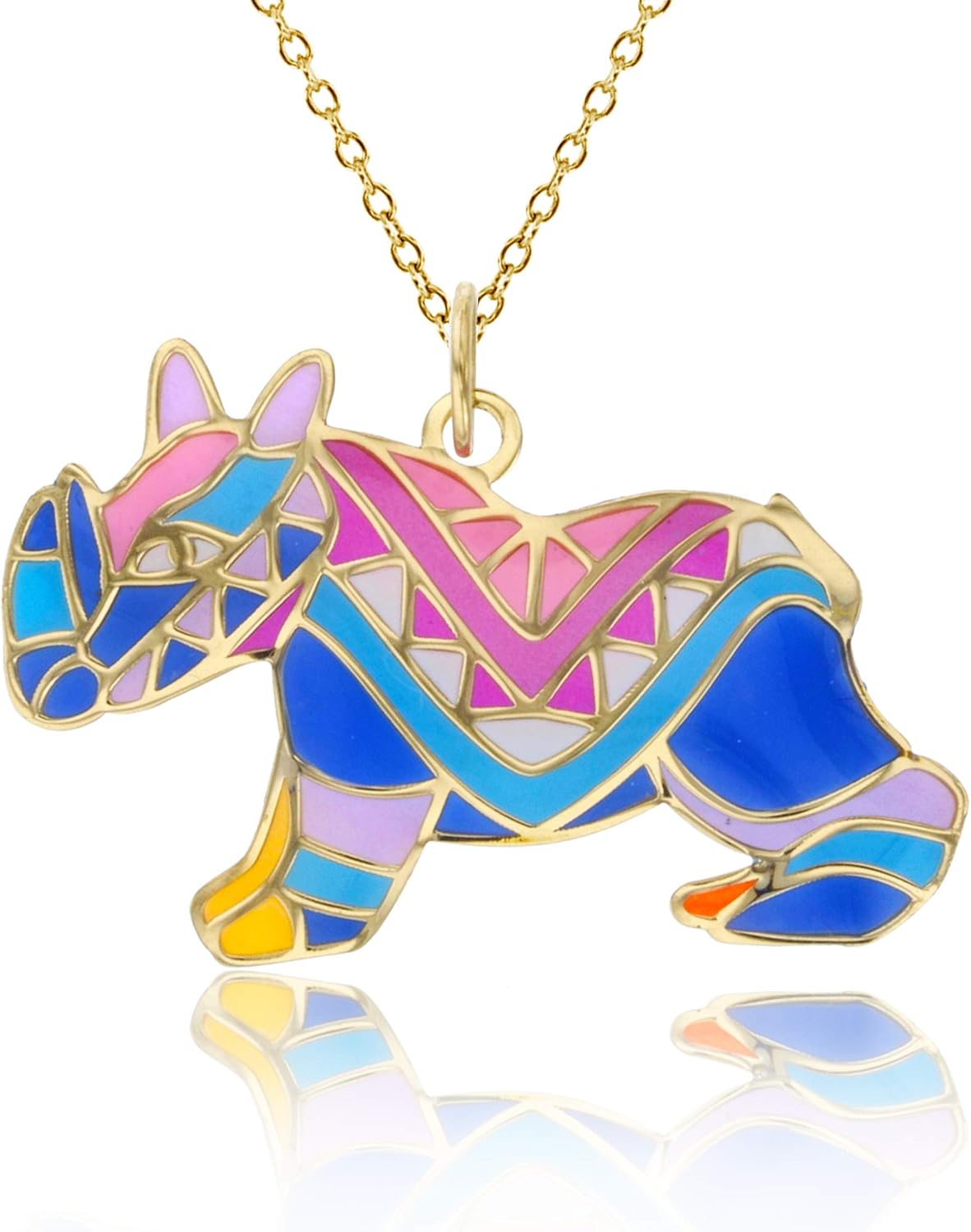 DECADENCE 14K Yellow Gold Solid Multi Color Enamel Rhino Necklace For Women With a 14K Gold 18' Cable Chain