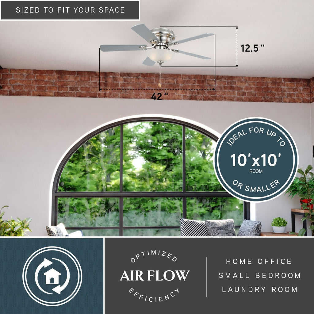 VAXCEL Expo 42 in. Satin Nickel Indoor Low Profile Flush Mount Transitional Ceiling Fan with Reversible Maple-Silver Blades, LED Light Kit and Pull Chain Included, 3 Speeds, White Frosted Glass Shade