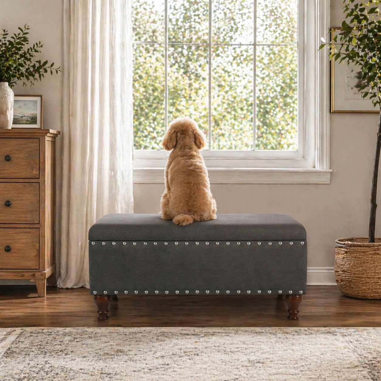 HomePop 42' Storage Bench with Nailhead Trim - Charcoal