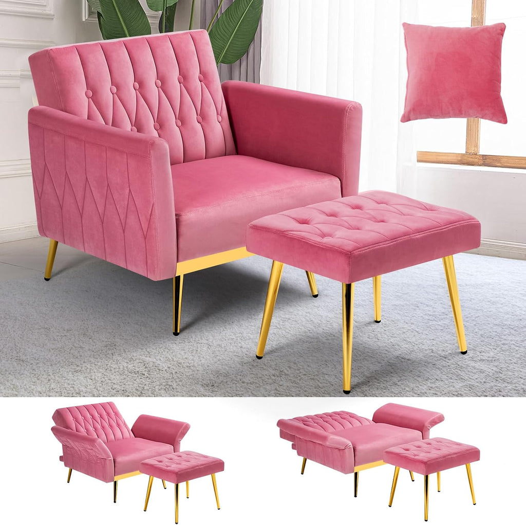 Velvet Accent Chair with Adjustable Armrests and Backrest, Button Tufted Lounge Chair, Single Recliner Armchair with Ottoman and Pillow for Living Room, Bedroom, Pink