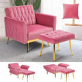 Velvet Accent Chair with Adjustable Armrests and Backrest, Button Tufted Lounge Chair, Single Recliner Armchair with Ottoman and Pillow for Living Room, Bedroom, Pink