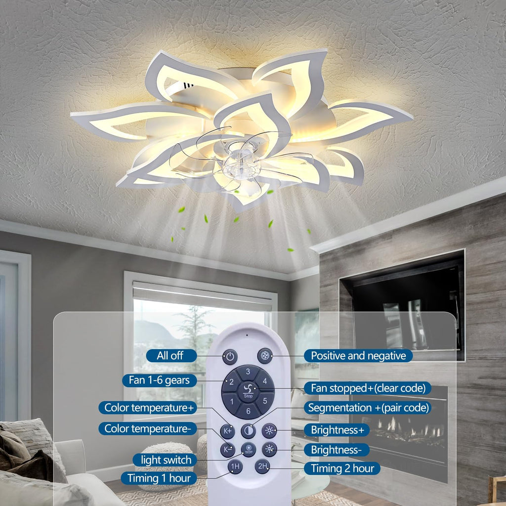 Dalouguan 32' White Ceiling Fan with Light Remote Control, Modern Geometric Ceiling Fan with Lights, 6 Speeds 3 Light Color Low Profile Ceiling Fan for Kitchen Bedroom
