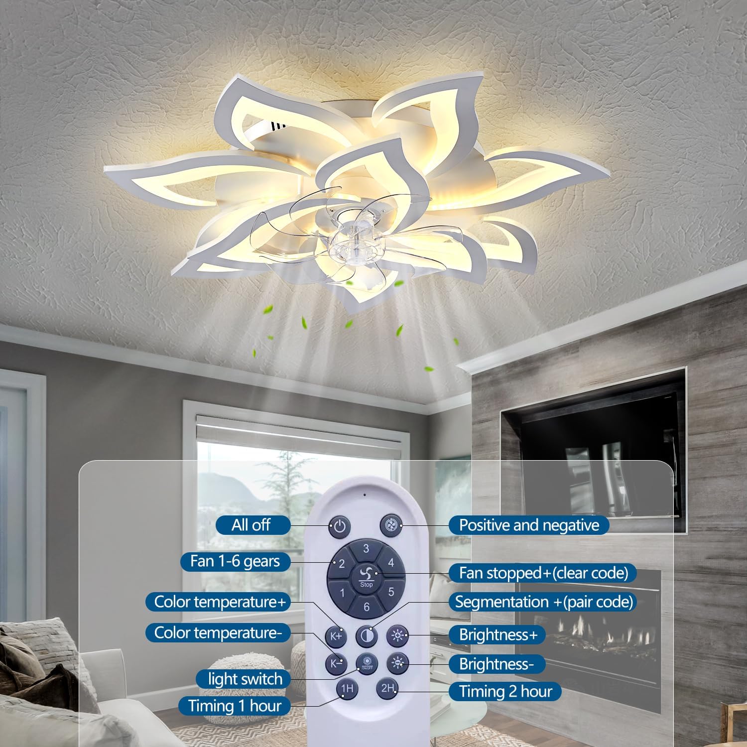Dalouguan 32' White Ceiling Fan with Light Remote Control, Modern Geometric Ceiling Fan with Lights, 6 Speeds 3 Light Color Low Profile Ceiling Fan for Kitchen Bedroom