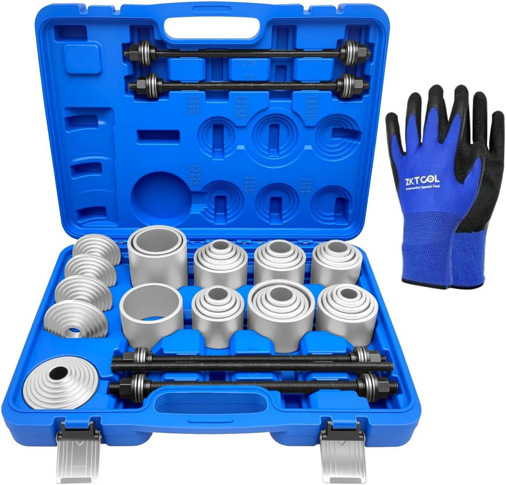 ZKTOOL 40Pcs Universal Pull and Press Sleeve Kit, Bushing Press Tool Set for Most Engine Cars Vehicles, Seal Bearing Bushing Removal Installation Tool Kit 5 Pulling Spindles with Nuts Case & Gloves