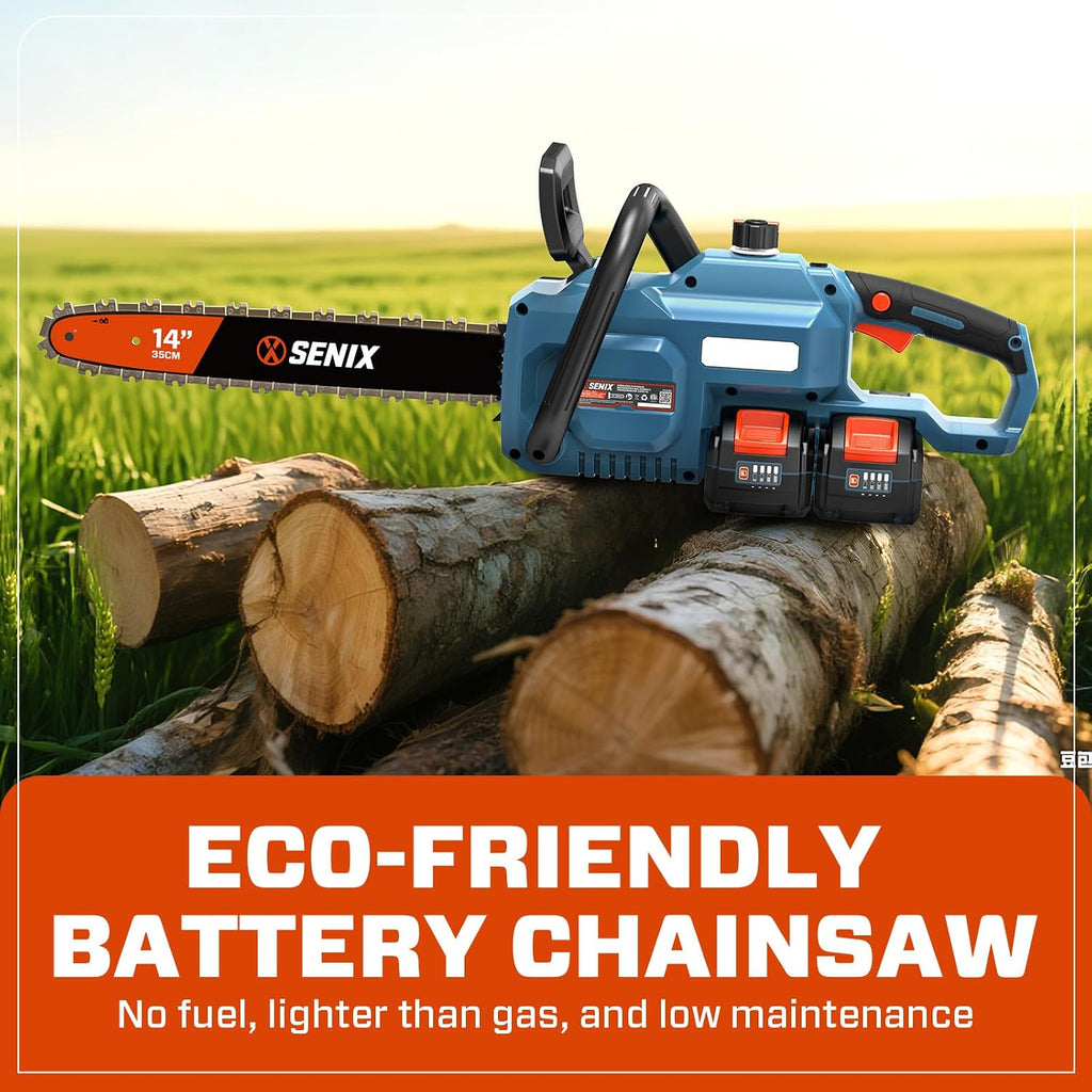 SENIX 40V 14' Electric Chainsaw, Cordless Battery Powered Chainsaw, Brushless Chain Saw, Includes 2x4Ah Batteries & Charger, Garden Tool for Trees, Pruning, Branch Cutting, Yard, Gift, CSX2-M2