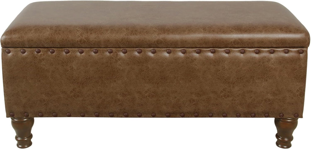 Homepop Home Decor | Upholstered Bench with Nailhead Trim | Large Faux Leather Ottoman with Storage for Living Room & Bedroom | Decorative Home Furniture, Brown Faux Leather