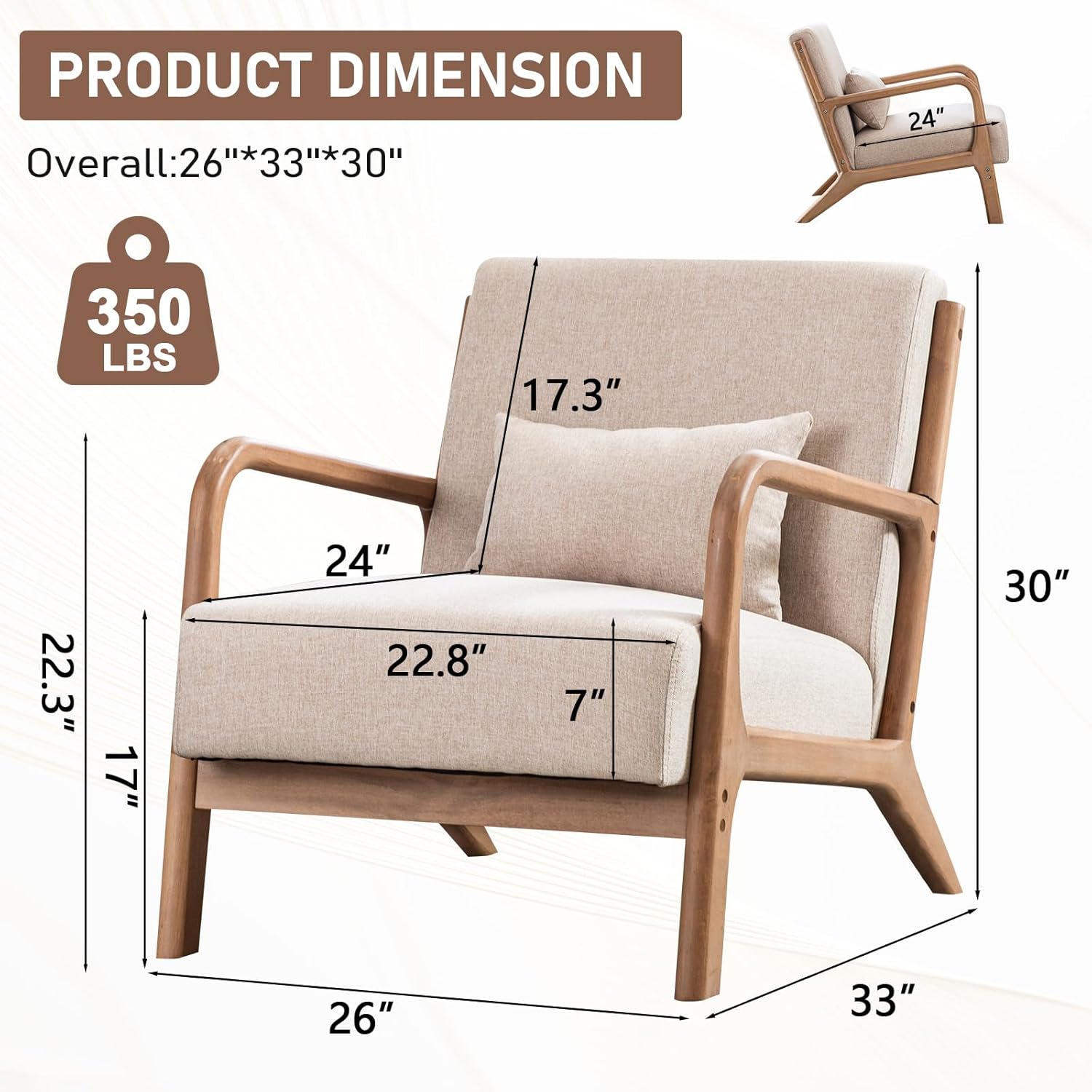 ANJ Mid Century Modern Accent Chairs Set of 2, Single Fabric Lounge Reading Armchair with Solid Wood Frame, Easy Assembly Arm Chairs for Living Room Beige 2