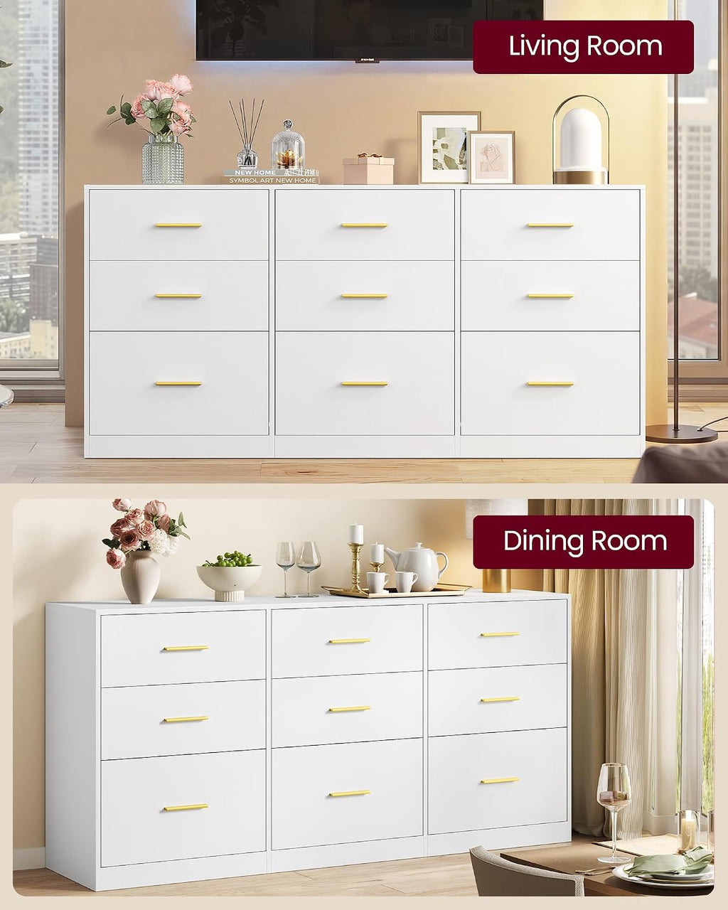 VASAGLE Custos Collection - Dresser for Bedroom, Chest of Drawers for Closet, Modern Style, TV Stand for Living Room, 9 Drawers, 15.8 x 63 x 30.7 Inches, Cloud White ULTS419WB01S