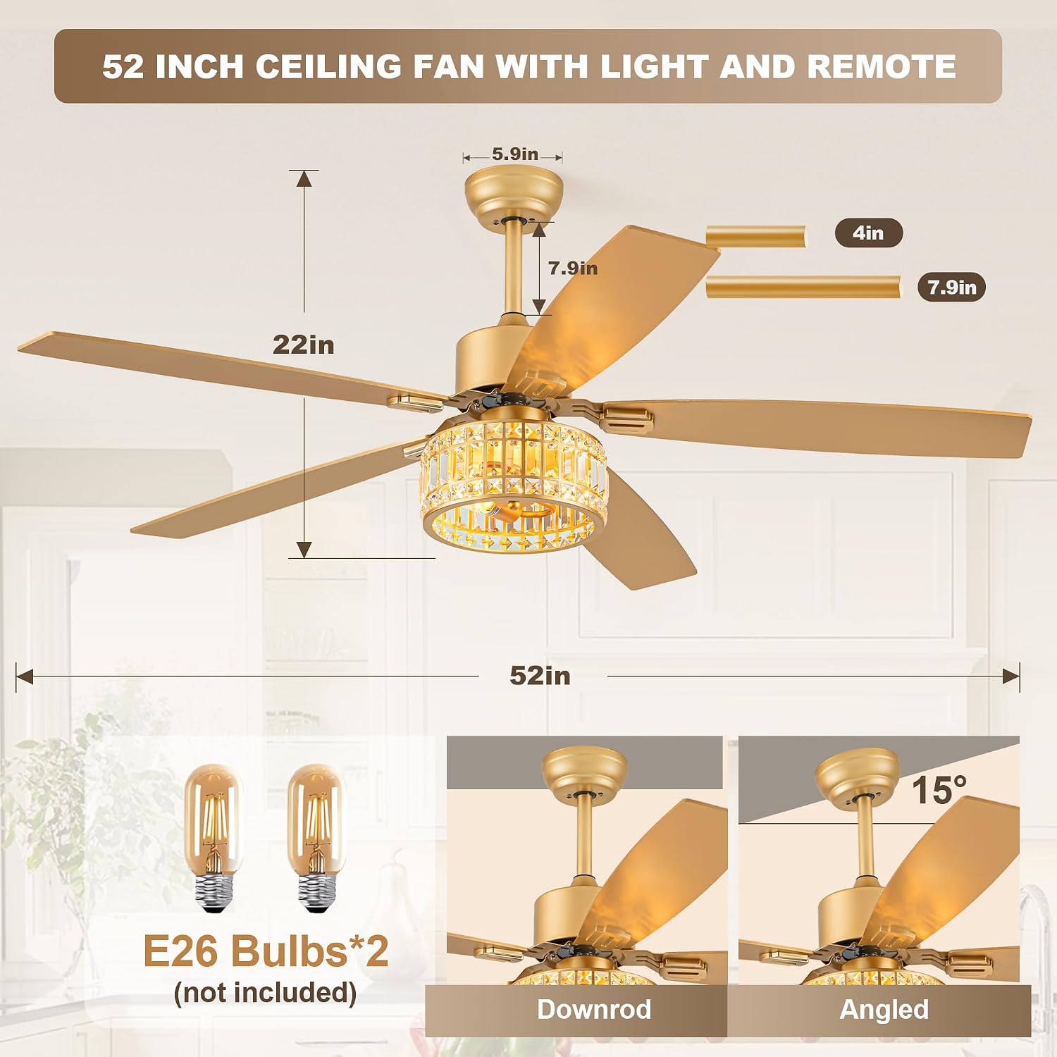 Chandelier Ceiling Fans with Lights and Remote,Caged Ceiling Fan with Light,App 5 Blades E26 Fandelier Ceiling Fans with Lights,Crystal Ceiling Fan for Bedroom,Living Room. (Gold, 52 Inch)