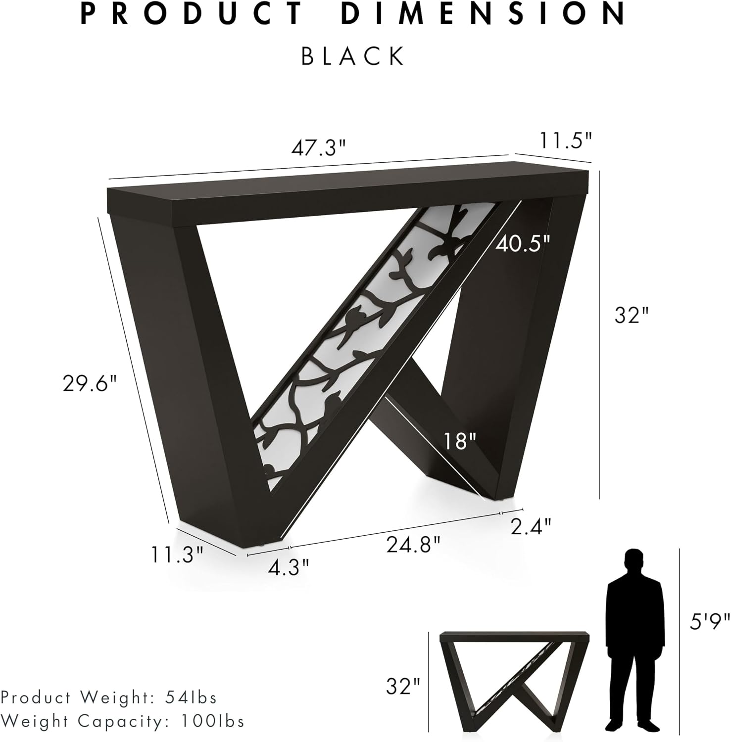 Homes: Inside + Out Naomi Modern Decorative Accent LED Console Table with W-Shaped Legs and Remote, Wood Entryway Furniture for Living Room, Hallway, Entrance, Small Spaces, Black