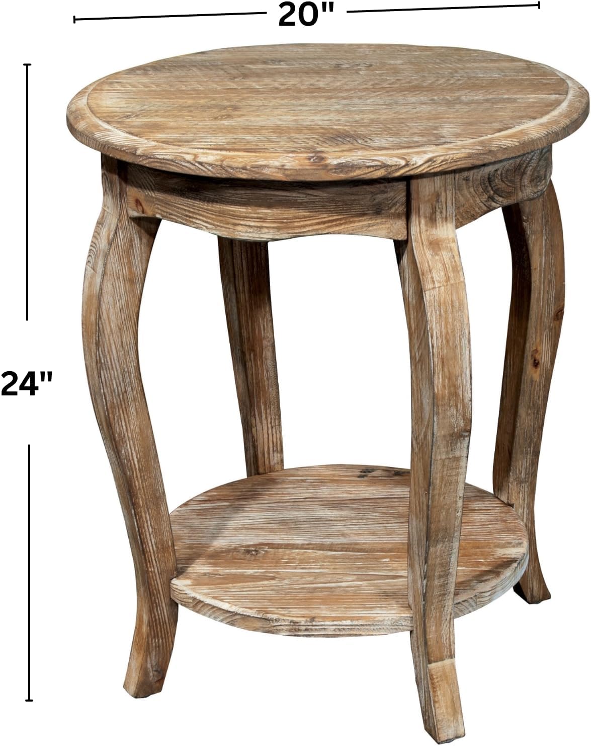 Alaterre Furniture Austerity Living Room Tables – 20-Inch Round Cedar Wood End Table with Curved Legs, Scalloped Edges and Lower Shelf – Rustic Antique Style Accent Table (Driftwood Finish, Set of 2)