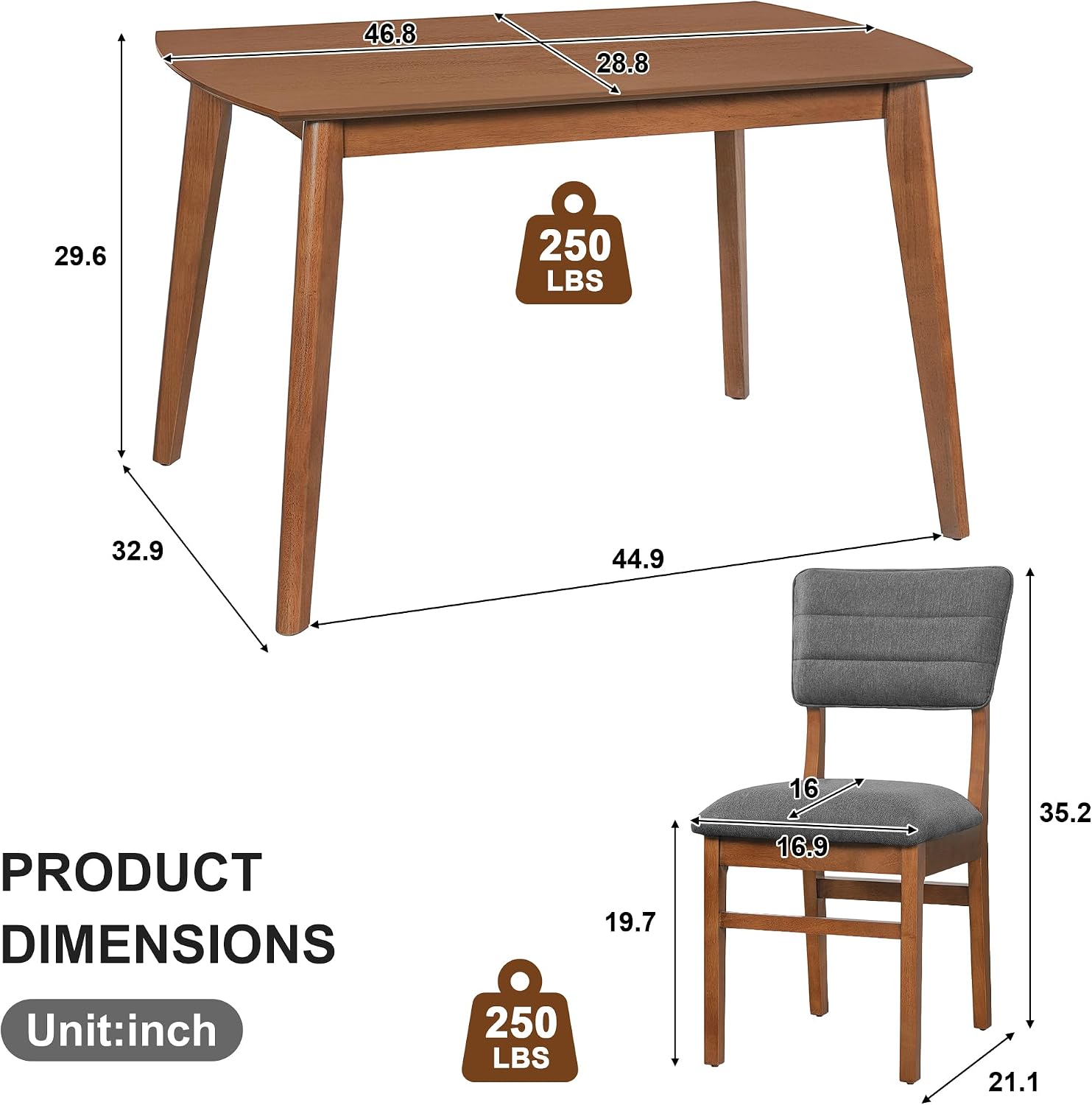 Merax 5 Piece Solid Wood Dining Table Set for 4, Farmhouse Mid-Century Modern and 4 Upholstered Chairs for Home, Kitchen, Apartment, Space Saving, Brown+Gray