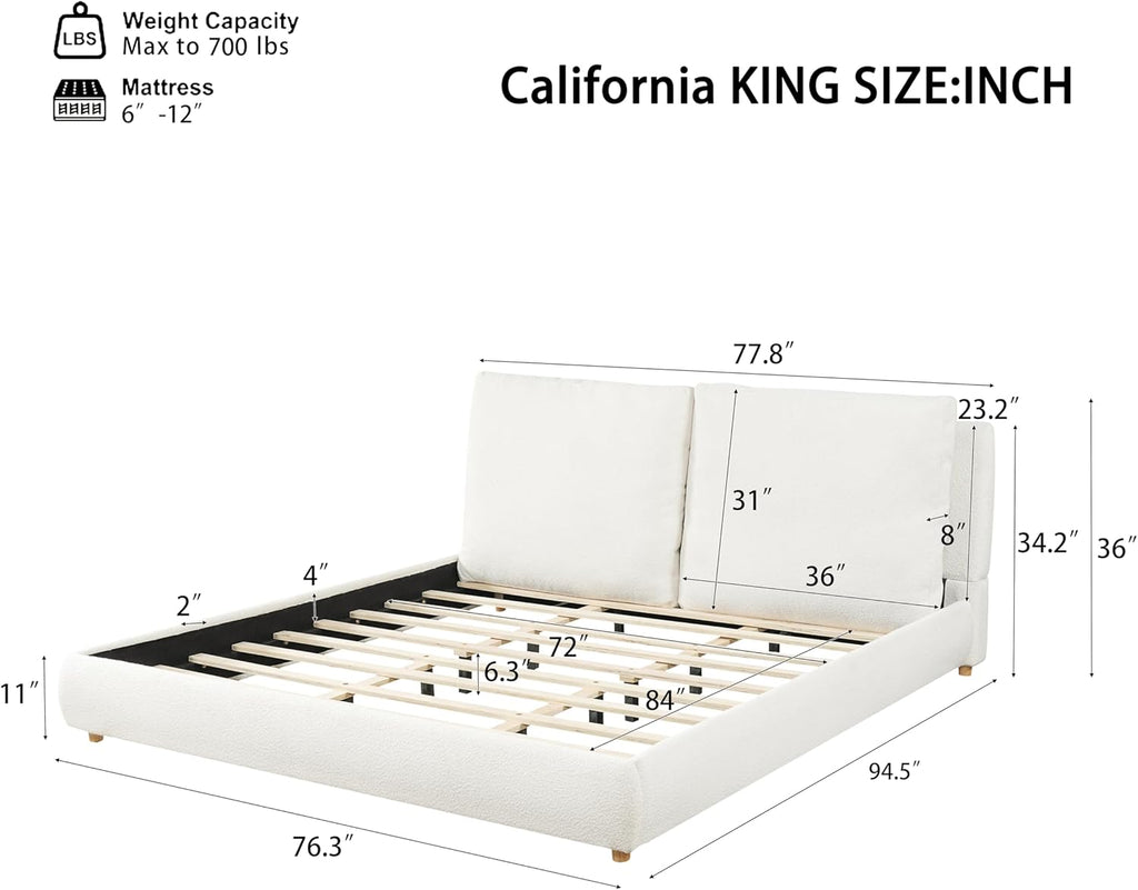 Christopher Knight Home Hazil Boucle California King Size Bed Frame with Headboard, Modern California King Bed Frame and Headboard, Wooden Slat Support, No Box Spring Needed, Easy Assembly, White