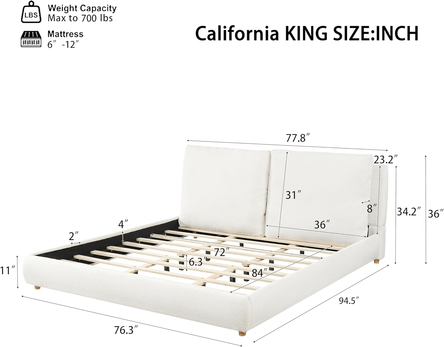 Christopher Knight Home Hazil Boucle California King Size Bed Frame with Headboard, Modern California King Bed Frame and Headboard, Wooden Slat Support, No Box Spring Needed, Easy Assembly, White