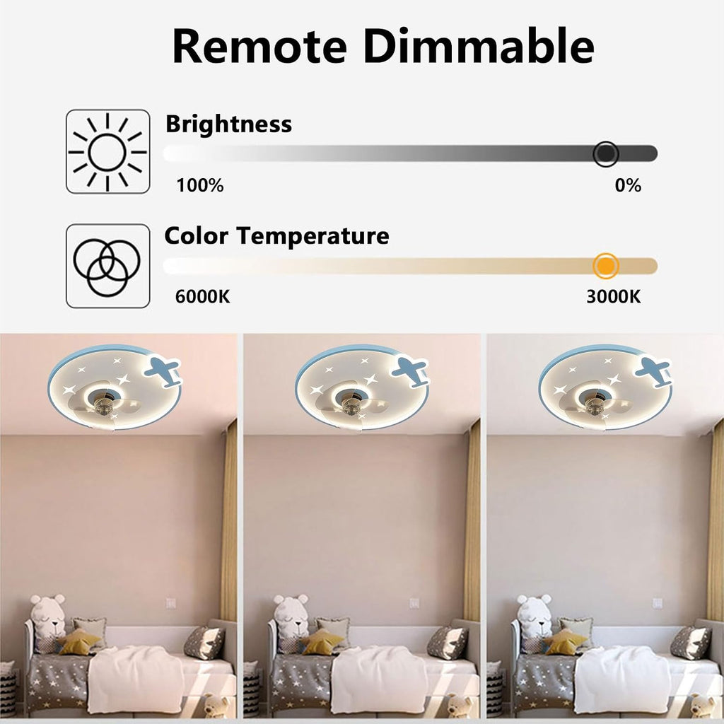 Indoor Mute Ceiling Fans with Lights Dimmable LED Ceiling Light with Fan Remote 6 Speeds Ceiling Fan for Study Room Bedroom Low Profile Blue Ceiling Fan Lights