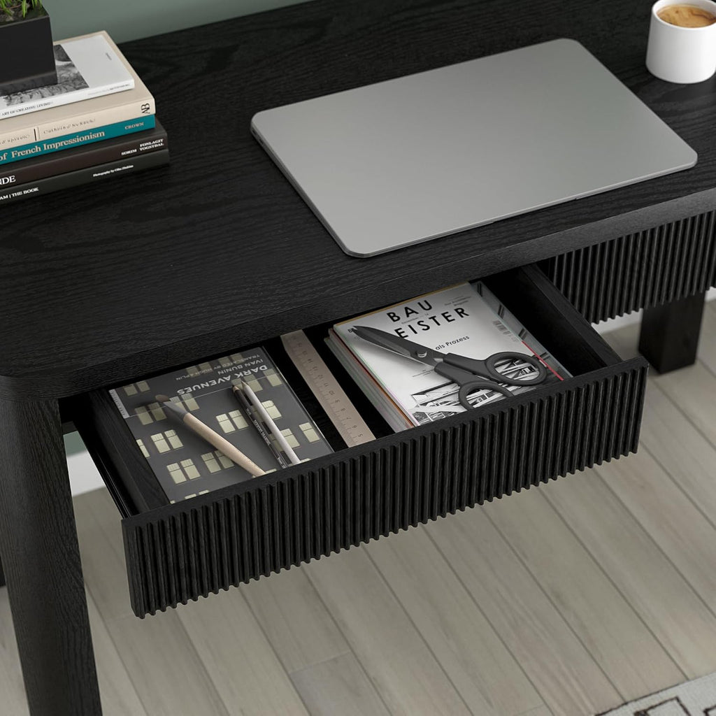 Henn&Hart 48' Fluted Modern Rectangular Wooden Home Office Desk Computer Desk Writing Table with 2 Ribbed Storage Drawers for Bedroom, Living Room, or Home Office, Natural Black