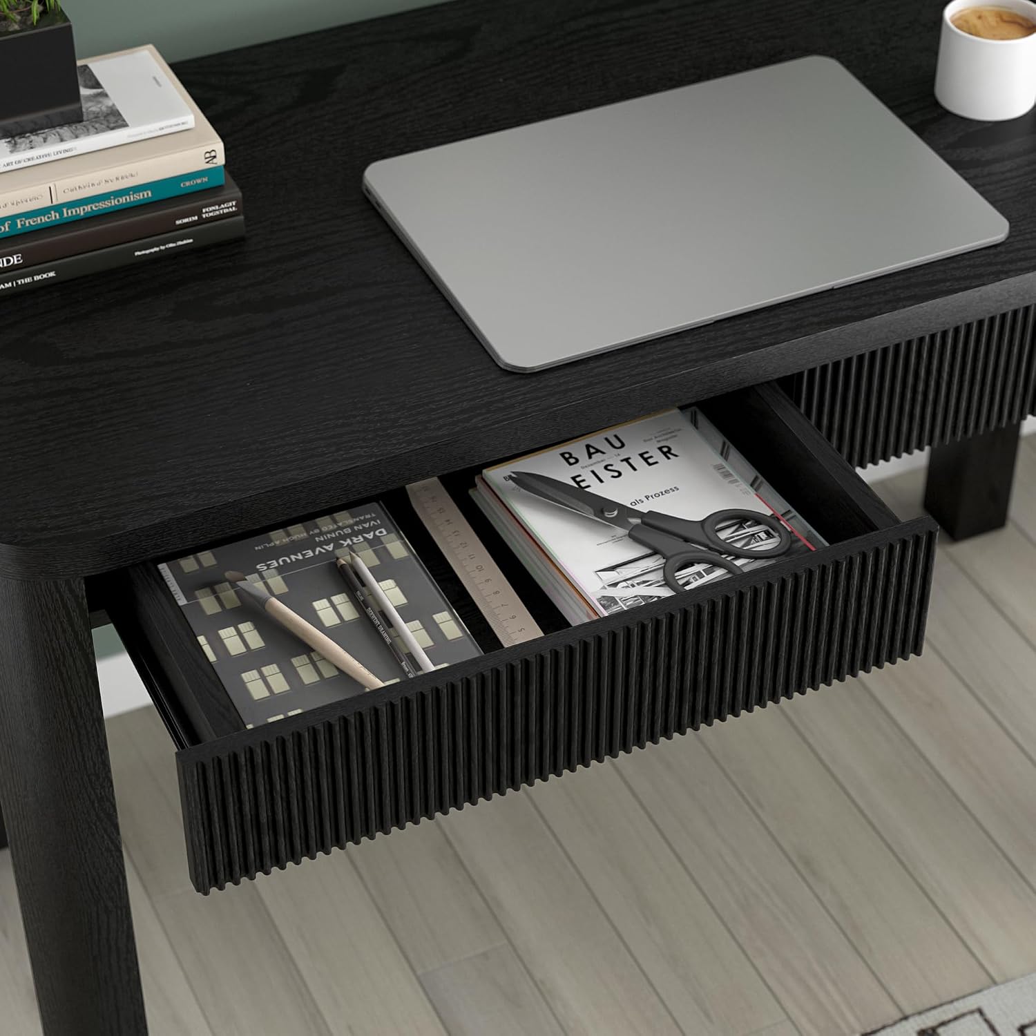 Henn&Hart 48' Fluted Modern Rectangular Wooden Home Office Desk Computer Desk Writing Table with 2 Ribbed Storage Drawers for Bedroom, Living Room, or Home Office, Natural Black