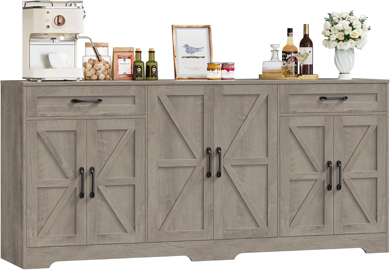 BOTLOG 71' Large Sideboard Buffet Cabinet with Storage, Farmhouse Kitchen Buffet Cabinet with Adjustable Shelves and 6 Barn Doors, Wood Coffee Wine Bar Console Table, White, Ash Grey (Ash Grey)