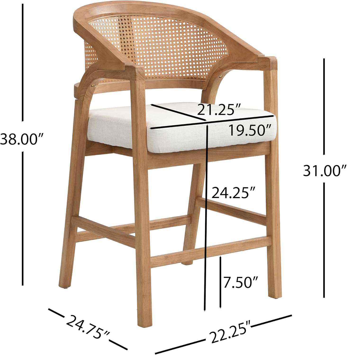 Christopher Knight Home Set of 2 Morley Wooden Counter Height Bar Stool, Kitchen Island Barstool with footrest, Curved Backrest Dining Chair, Soft Removable Cushions, Beige+Natural