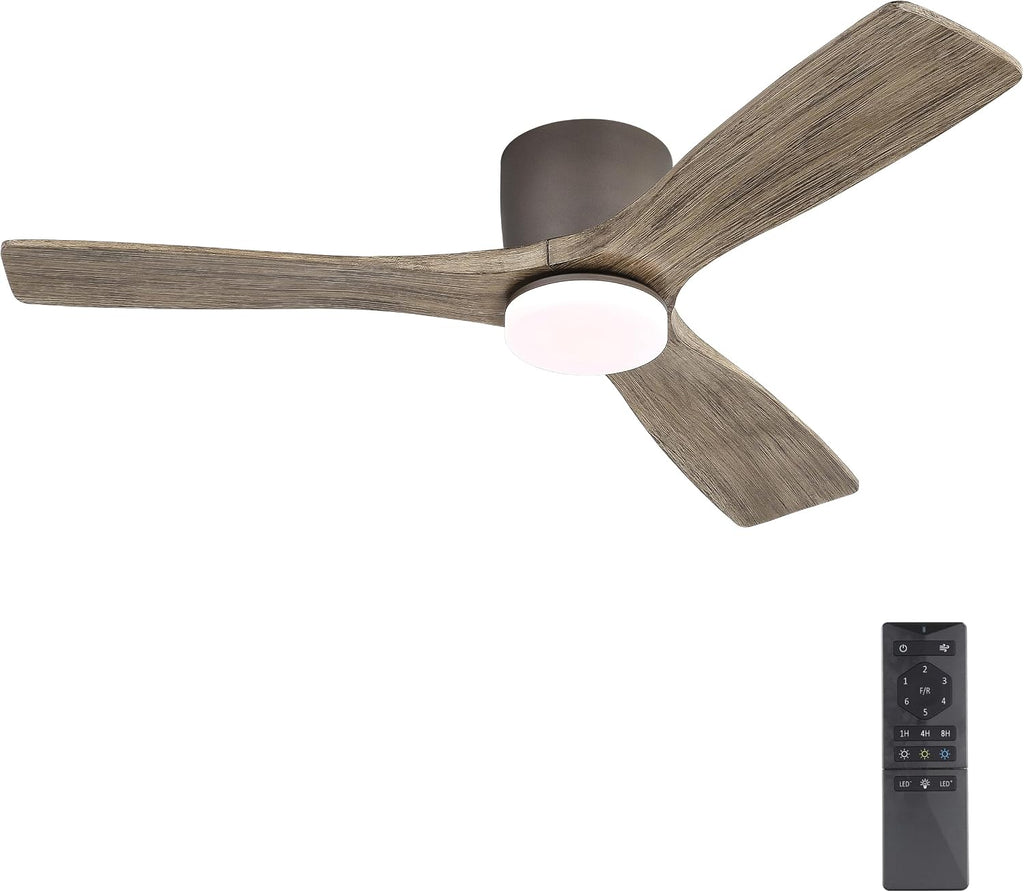 WINGBO 48 Inch Flush Mount DC Ceiling Fan, 3CCT Dimmable Light, 3 Carved Wood Blades, 6-Speed Noiseless Reversible DC Motor, Hugger Low Profile Fan, Graphite Finish with Gray Blades, ETL Listed