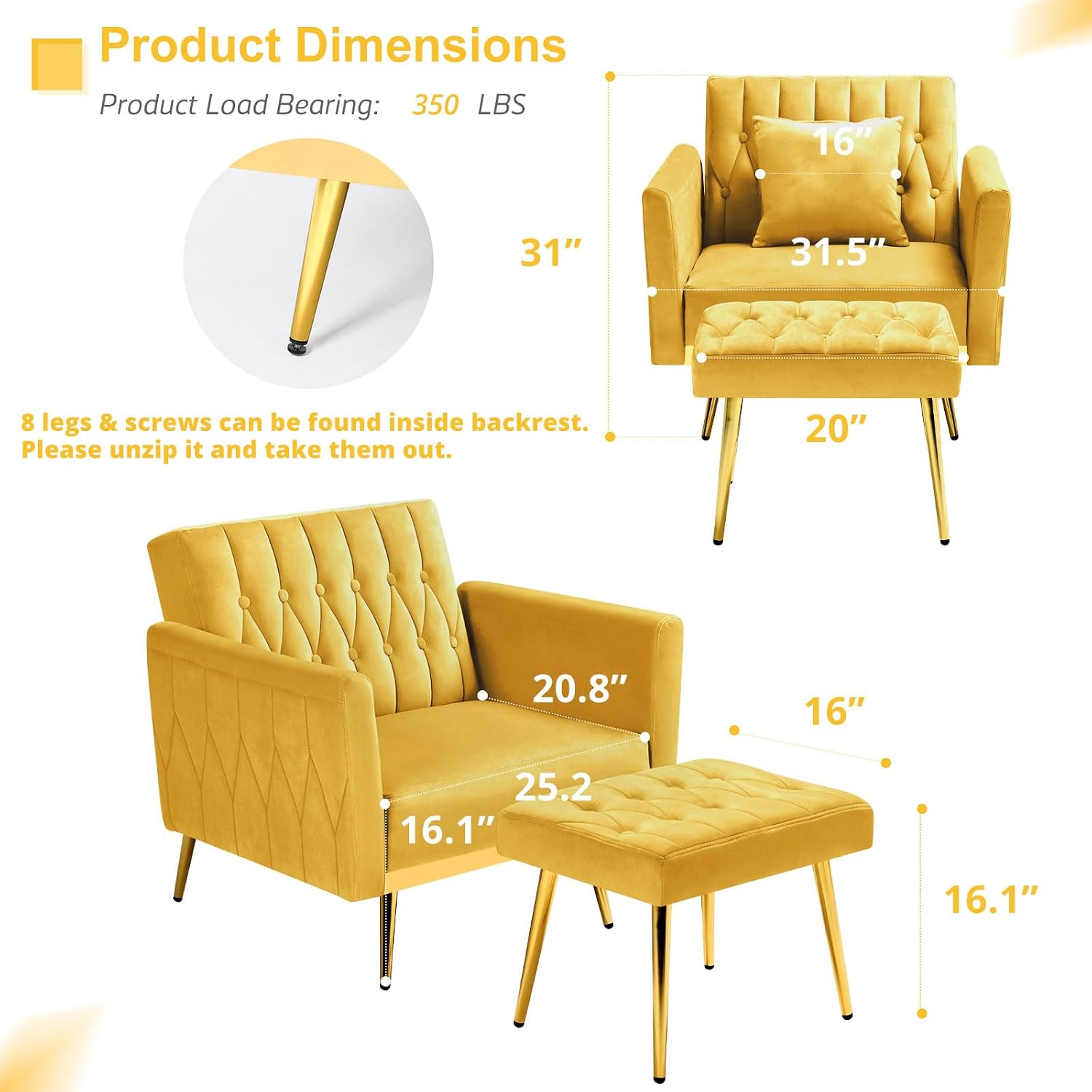 Velvet Accent Chair w/Adjustable Armrests and Backrest, Button Tufted Lounge Chair, Single Recliner Armchair with Ottoman and Pillow for Living Room, Bedroom,Yellow