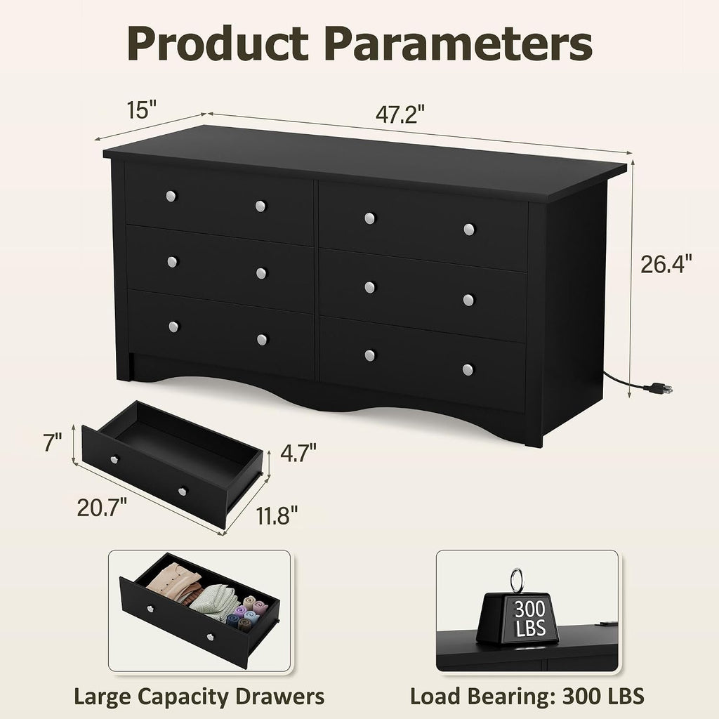 YESHOMY Black Dresser, 6 Drawers Dresser for Bedroom, Modern Chest of Drawers, Wooden Dressers, TV Stand for Living Room,Closet, Hallway