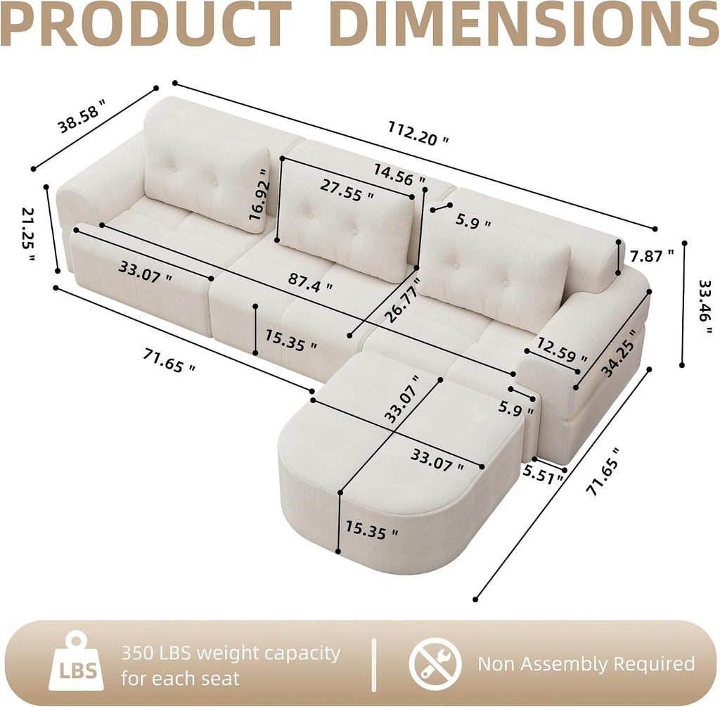 112' Compressed Boneless Sectional Sofa with Movable Ottoman Convertible L Shaped Modular Corner Couch for Living Room - Oversized Cloud Couches W/Tufted Cushions and Deep Seat