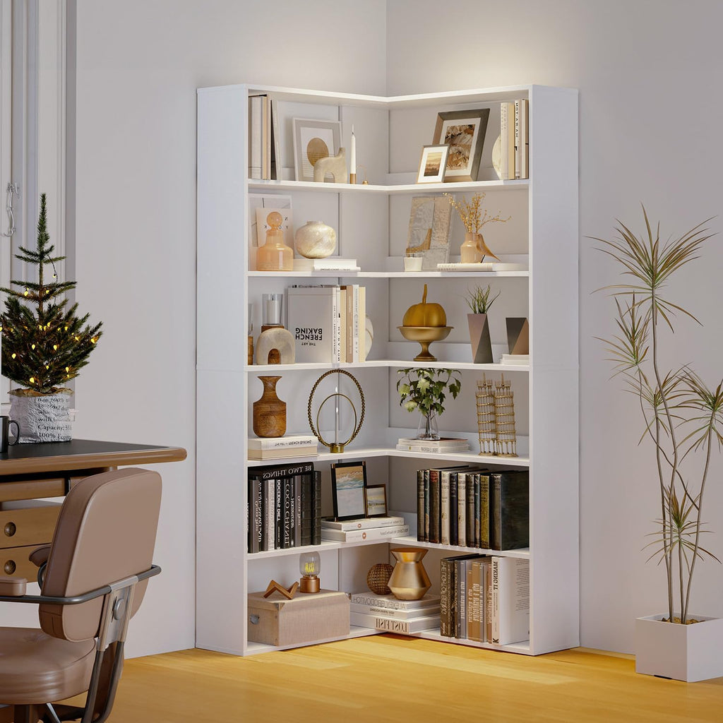Corner Bookshelf, Freestanding L Shaped Display Shelf, 6 Tiers Bookcase with Baffles, Wooden Bookcase with Storage Organizer for Home Office, Living Room, Bedroom (23.6')