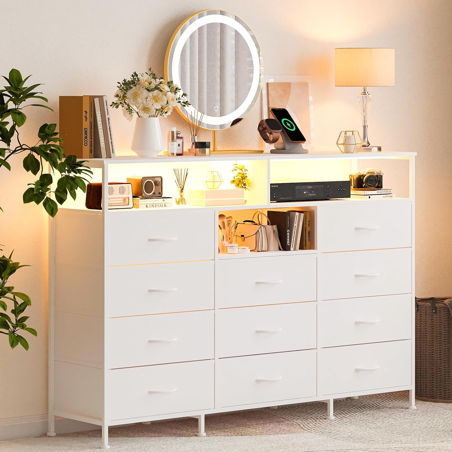 Dresser for Bedroom with LED Lights & Charging Station, 11 Drawer Dressers & Chests of Drawers, Steel Frame, Wood Top, 55 ' Fabric Dresser TV Stand for Bedroom,Hallway, Storage Organization, Entryway