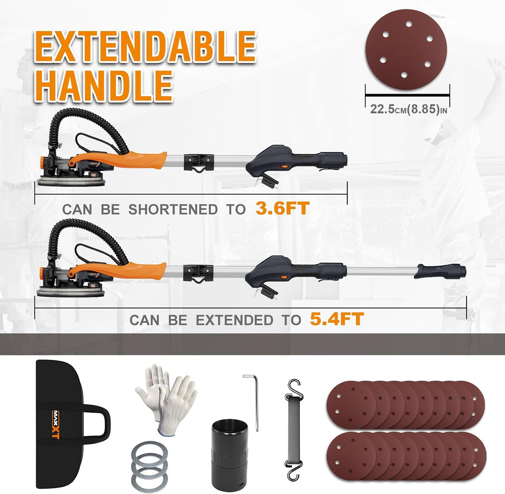 MAXXT Drywall Sander with Vacuum Dust Collection, 6 Variable Speed Foldable Telescopic Electric Wall Sander, Popcorn Ceiling Removal Tool, 1900RPM Power Sander Tool, LED Light, 18Pcs Sanding Discs