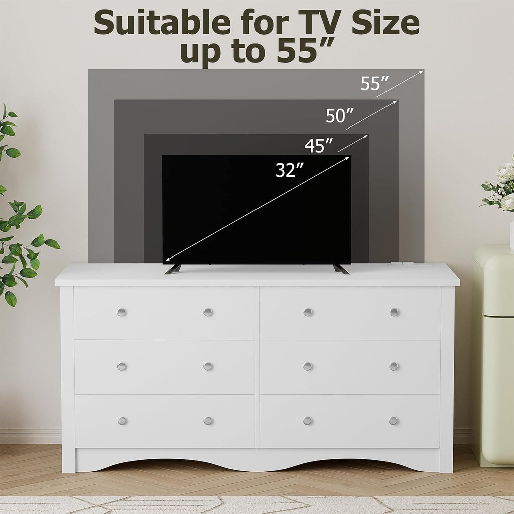 YESHOMY Dresser for Bedroom with Power Outlet,6 Drawers Dresser, Modern Chest of Drawers, Wooden Dressers, TV Stand for Living Room,Closet, Hallway (White)