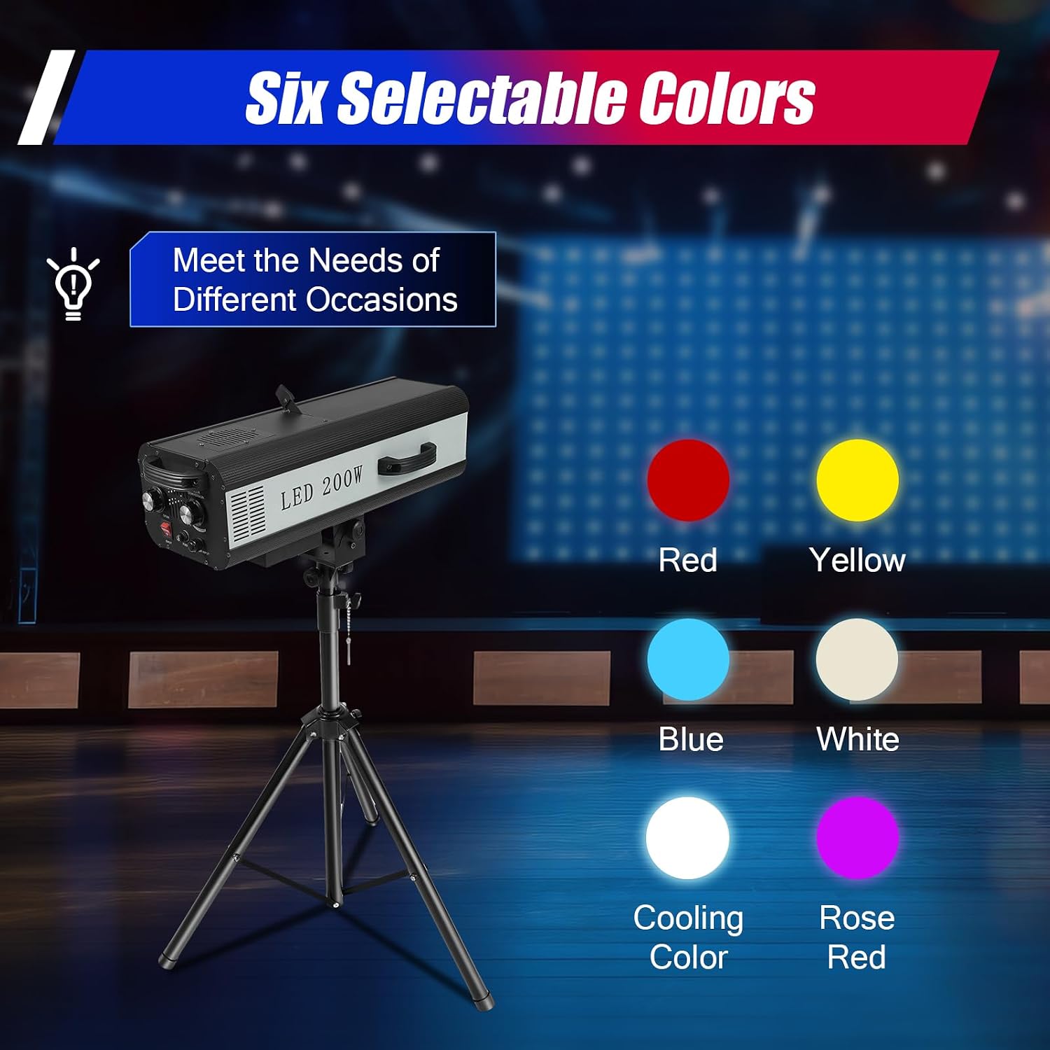 200W Professional Stage Spotlight with Adjustable Height Tripod Stand, 6 Colors 3 Color Temperatures 3200K-6000K, Adjustable Focus Follow Spot Light for Weddings, DJ, Theater & Event
