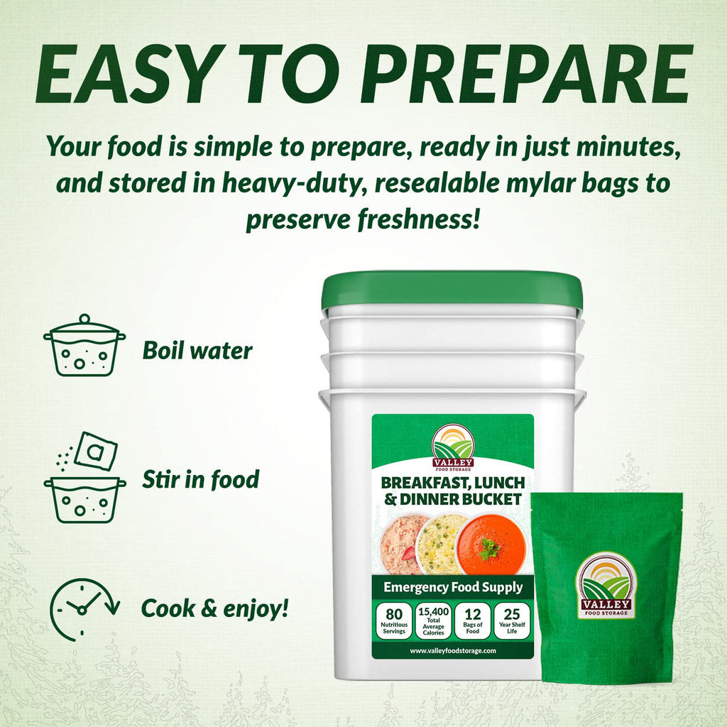 Valley Food Storage 80 Serving Emergency Food Supply Bucket | Breakfast, Lunch & Dinner Survival Meals | 25 Year Shelf Life Prepper Food for Disaster Preparedness, Camping & Off-Grid Living
