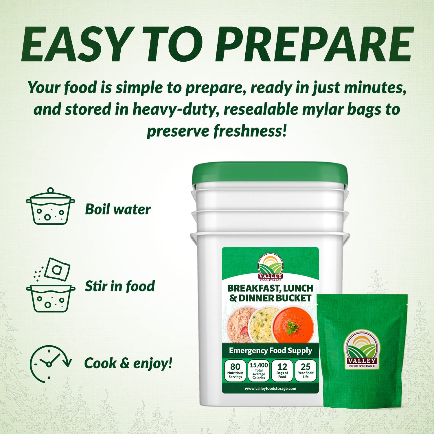 Valley Food Storage 80 Serving Emergency Food Supply Bucket | Breakfast, Lunch & Dinner Survival Meals | 25 Year Shelf Life Prepper Food for Disaster Preparedness, Camping & Off-Grid Living