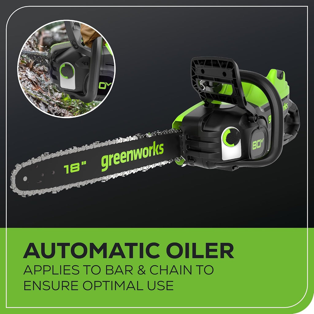 Greenworks 80V 18' Brushless Cordless Chainsaw (Great For Tree Felling, Limbing, Pruning, and Firewood), 75+ Compatible Tools, 4.0Ah Battery and Charger Included
