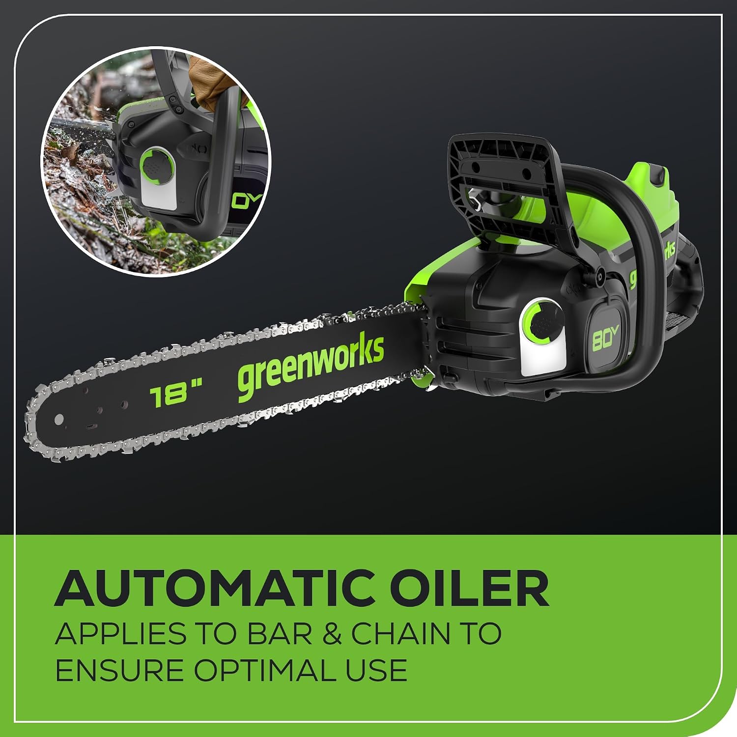 Greenworks 80V 18' Brushless Cordless Chainsaw (Great For Tree Felling, Limbing, Pruning, and Firewood), 75+ Compatible Tools, 4.0Ah Battery and Charger Included
