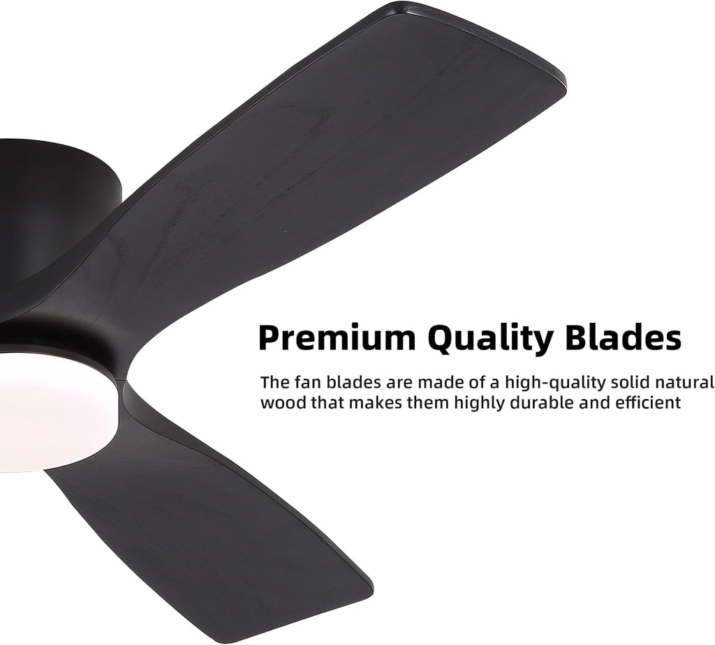 WINGBO 48 Inch Flush Mount DC Ceiling Fan, 3CCT Dimmable Light, 3 Carved Wood Blades, 6-Speed Noiseless Reversible DC Motor, Hugger Low Profile Fan, Matte Black Finish with Black Blades, ETL Listed
